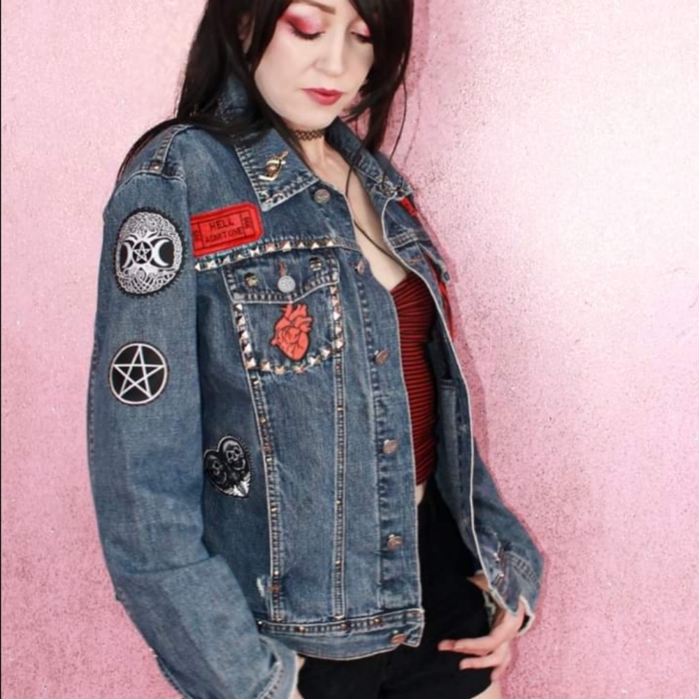 SOLD!!Chilling Adventures of a Hell Witch Calvin Klein y2k patch jean jacket - Picture 13 of 16